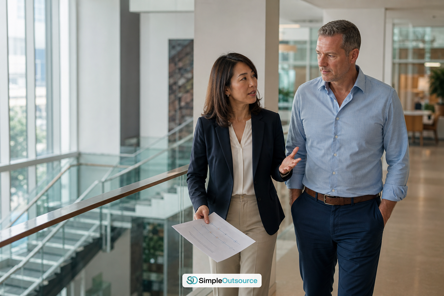 Thailand company compliance lead and country manager discussing the BOI work permit timeline on an office staircase landing