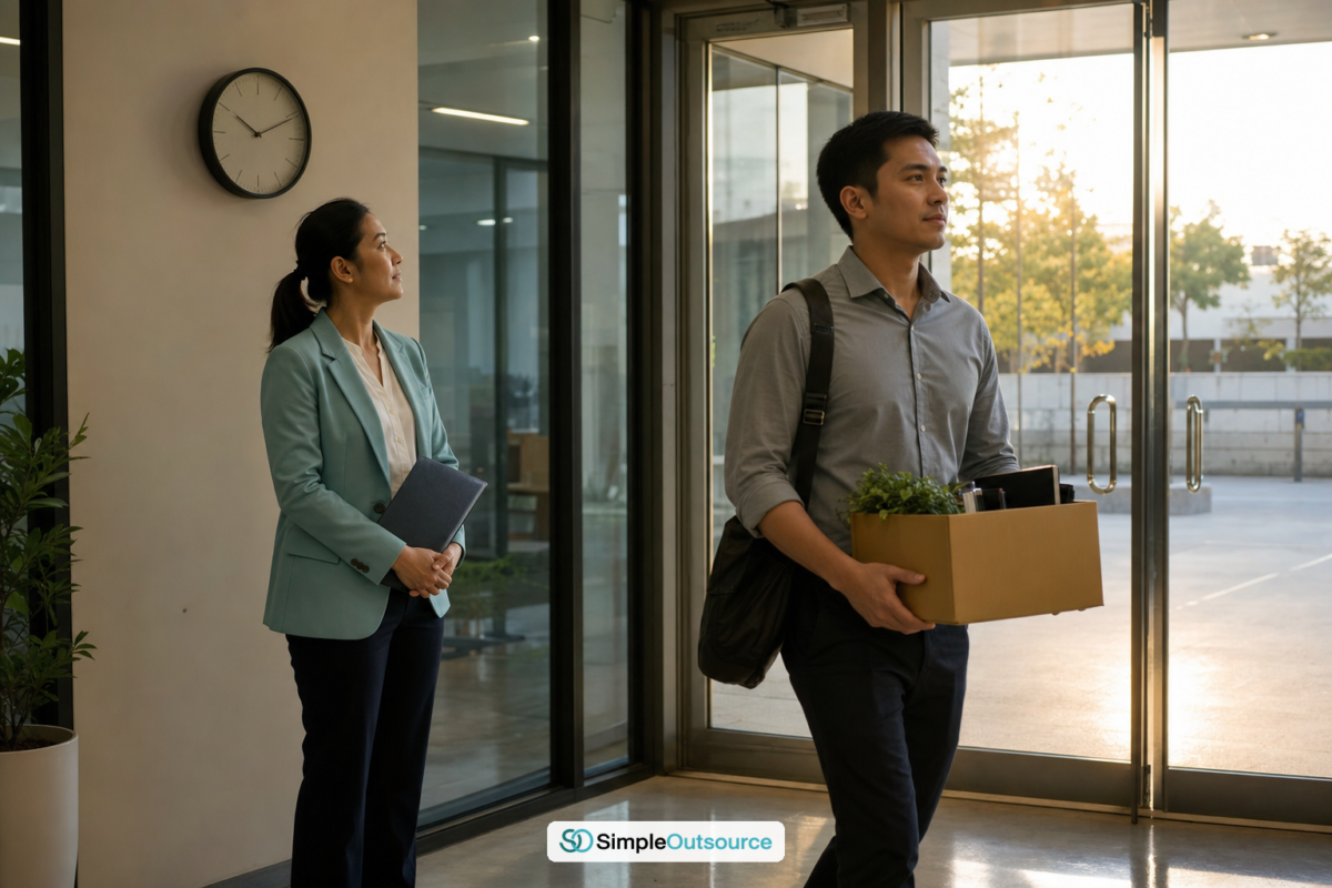 พนักงานต่างชาติเดินออกจากบริษัทวันสุดท้าย ขณะ HR นับเวลาเปลี่ยนนายจ้าง work permit