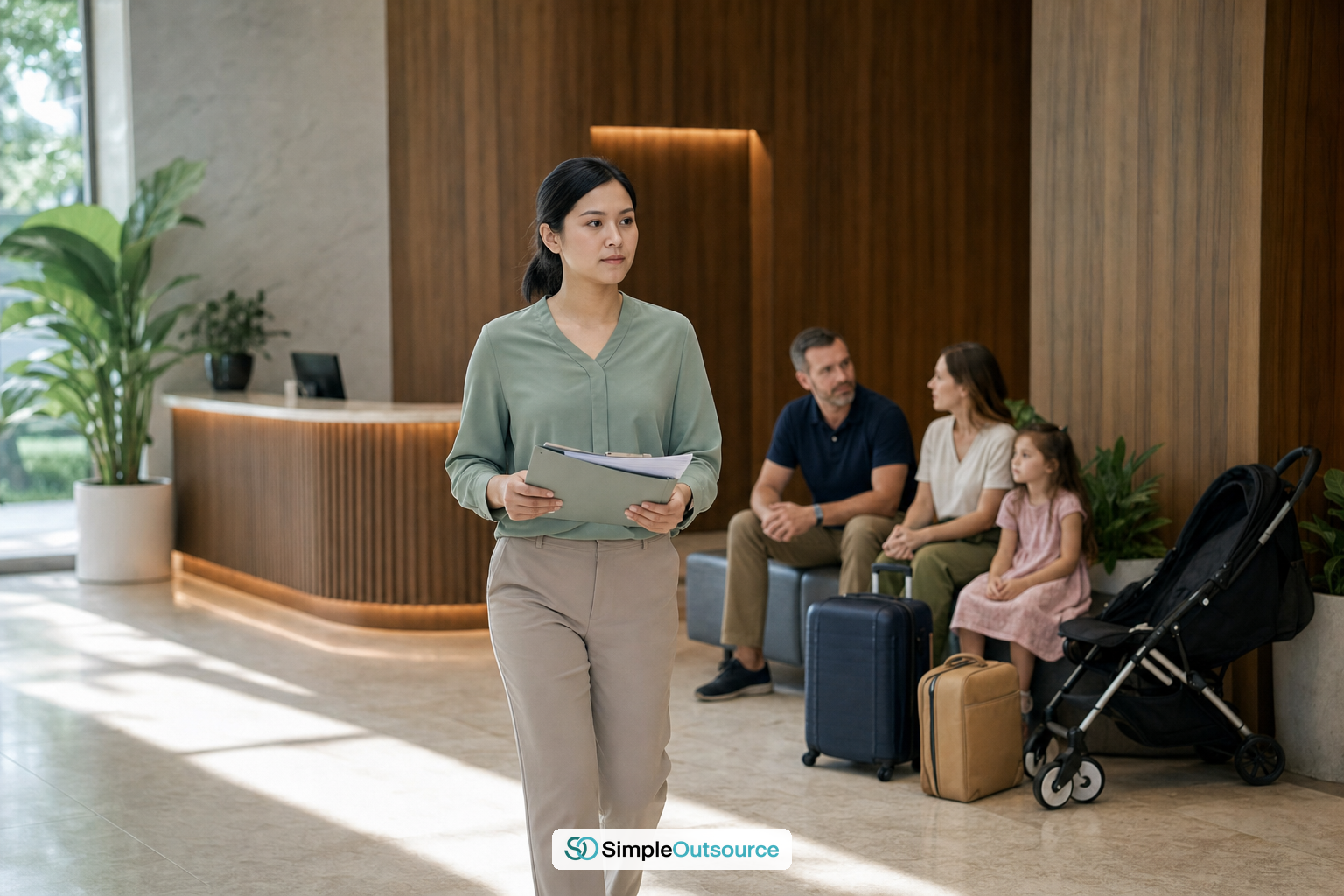 Employer coordinator carrying dependent visa documents past a waiting expat employee's family in a Thai company lobby