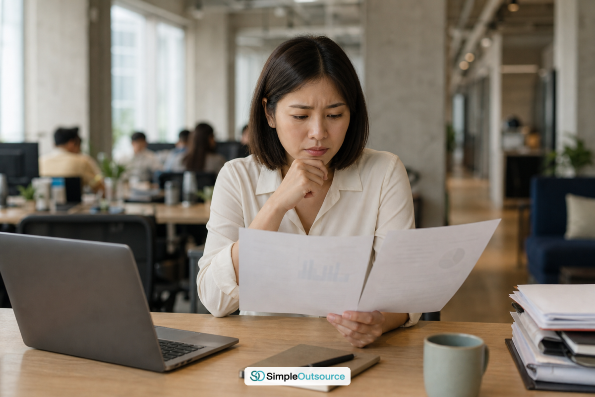 HR professional in Thailand comparing PEO and EOR hiring documents at her desk