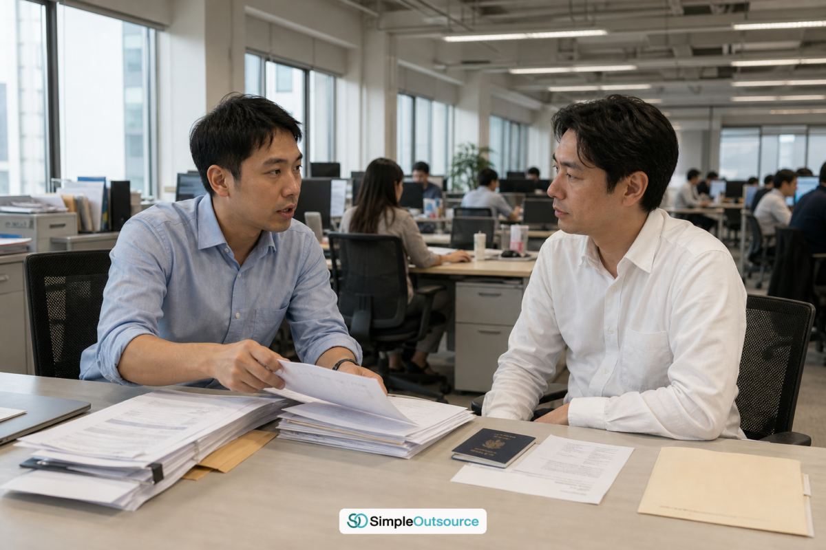 นายจ้างไทยอธิบายขั้นตอนขอ work permit ให้พนักงานต่างชาติชาวญี่ปุ่นที่โต๊ะทำงาน