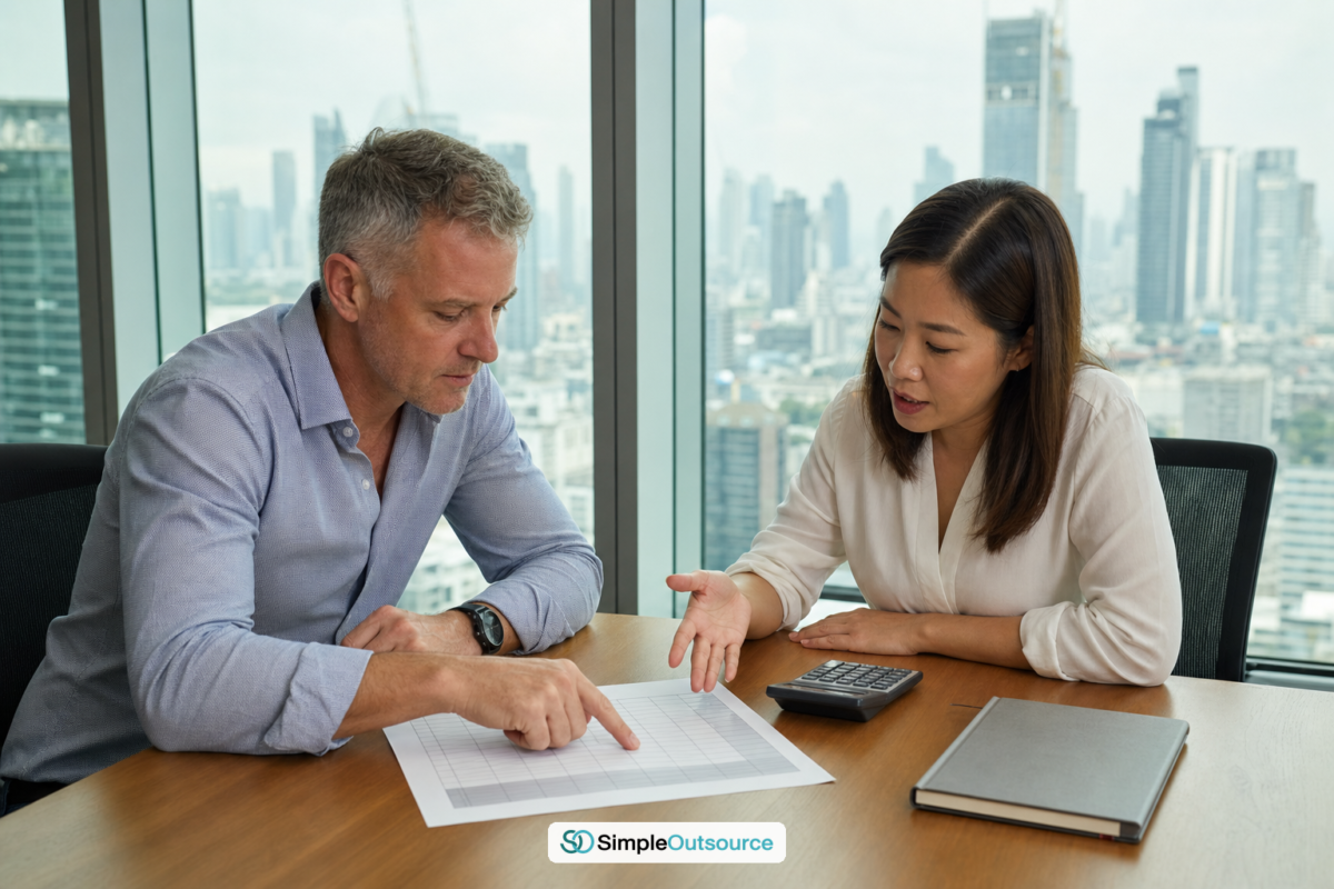 Foreign company decision-maker and Thailand visa advisor reviewing a work permit budget in a Bangkok meeting room