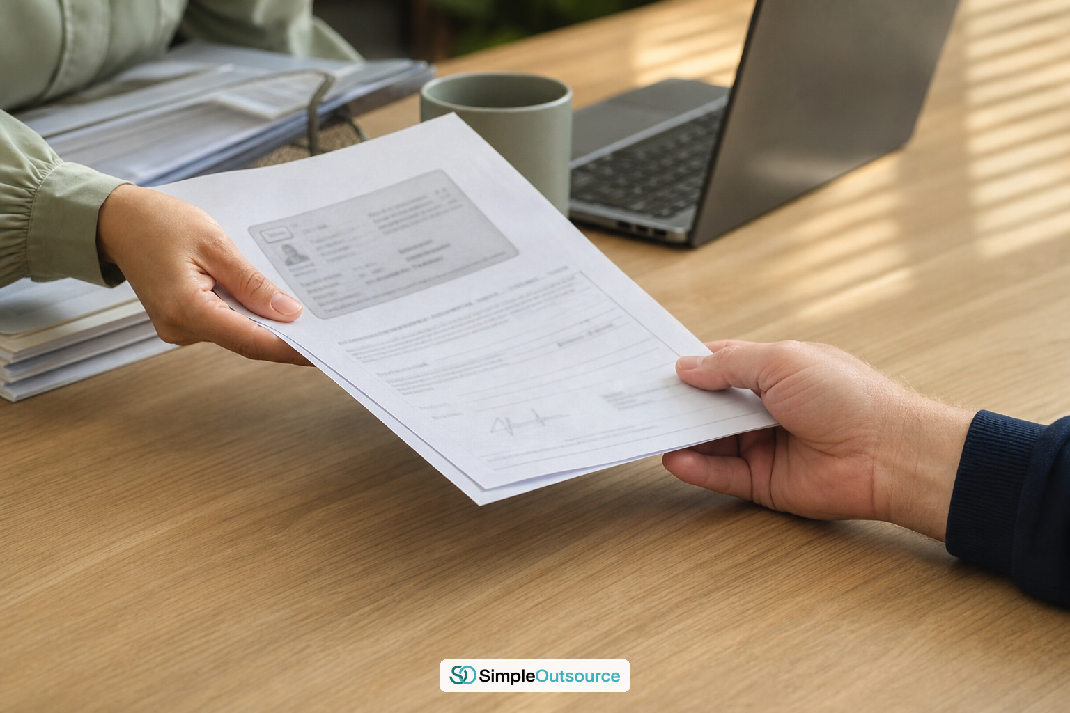 Close-up of an employer handing over a work permit copy and salary letter for a dependent visa application