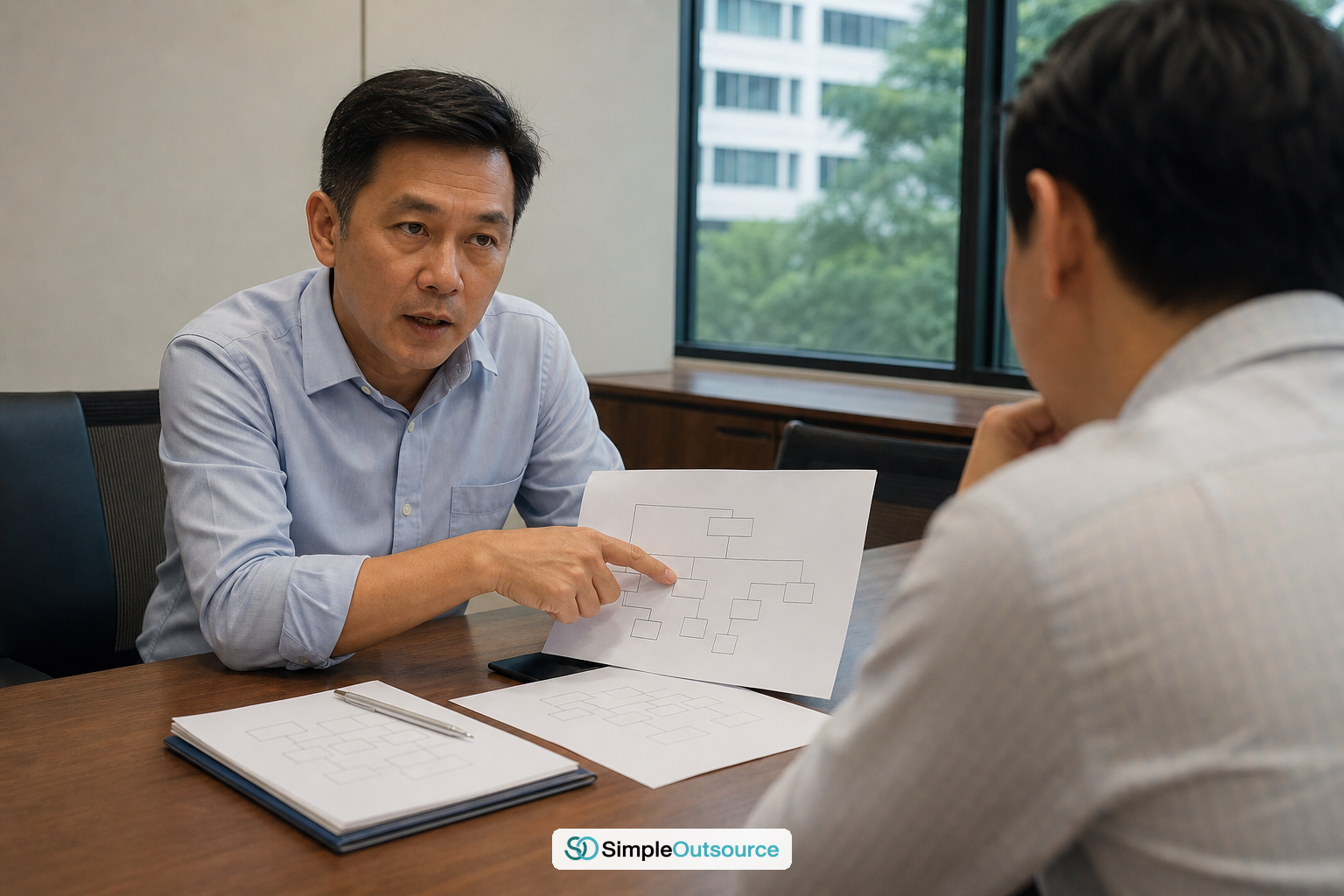 Legal advisor in Thailand reviewing foreign ownership structure documents with a client
