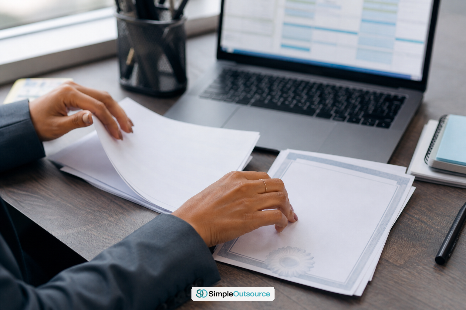 HR coordinator sorting medical certificate and translated documents while budgeting Thailand work permit costs