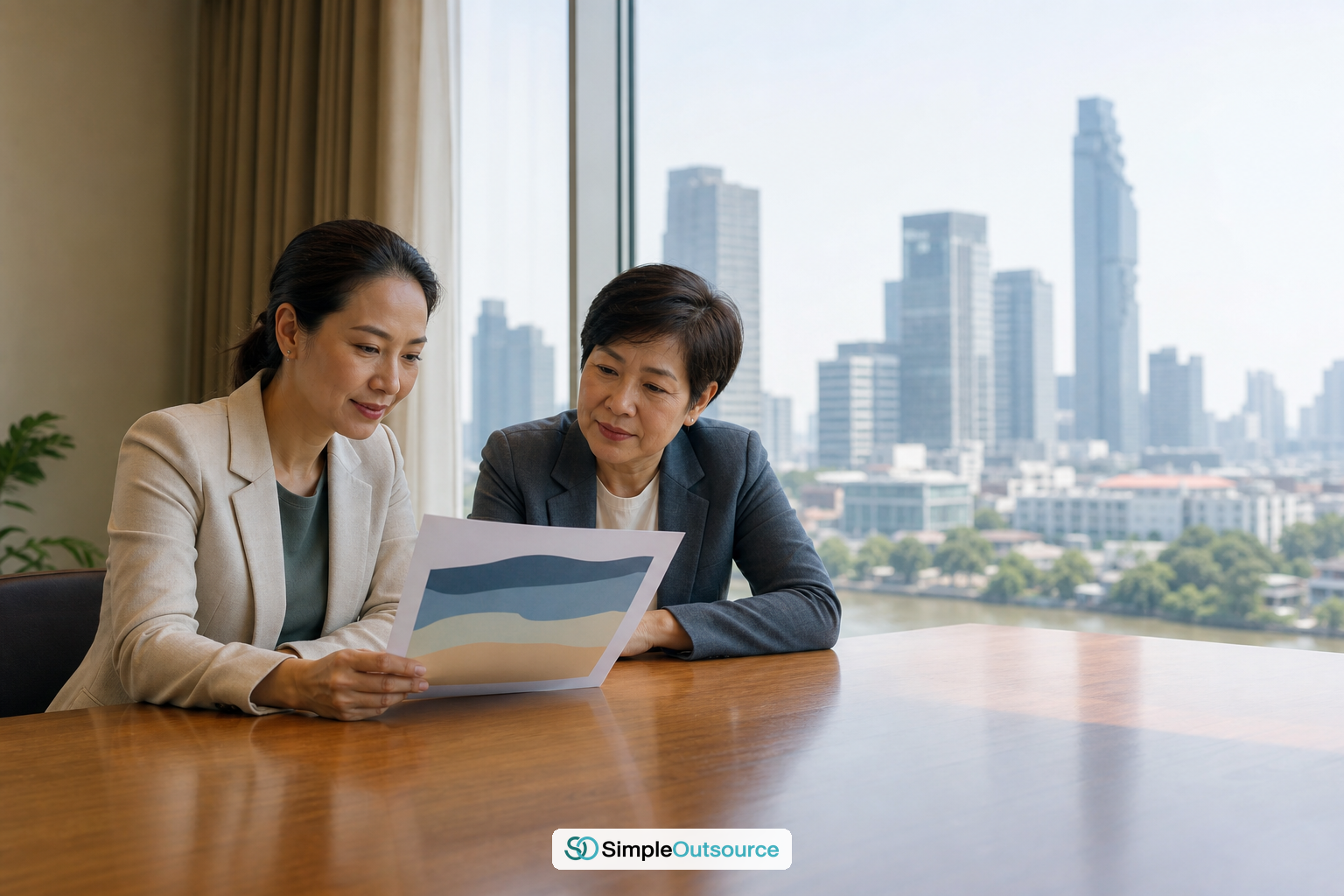 Finance director and manager in Thailand reviewing a finalized EOR cost proposal together
