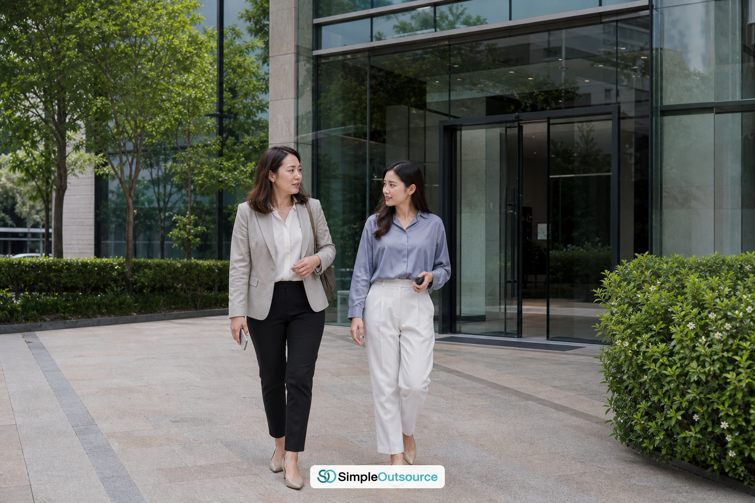 Two Thai business colleagues walking out of an office building after resolving their structure decision