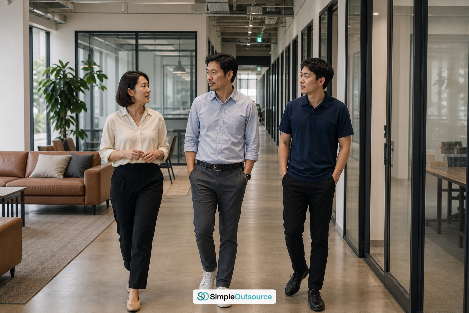 Thai business team walking through an office hallway after resolving their hiring decision