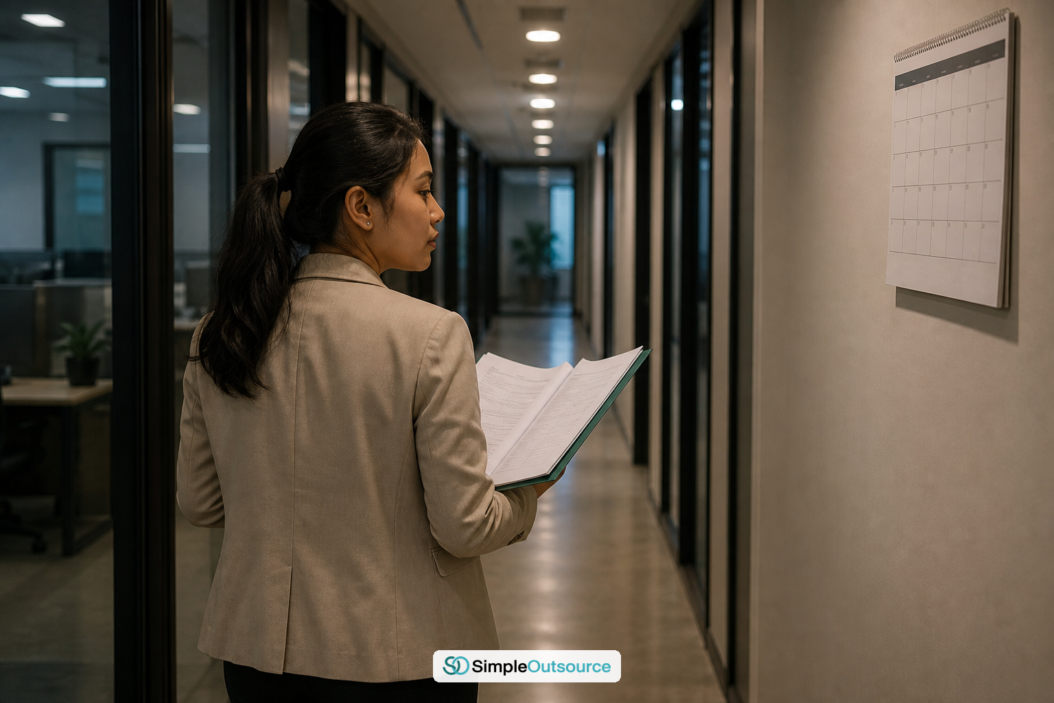 HR coordinator walking past a wall calendar, realizing a Thailand work permit salary problem has surfaced at visa renewal