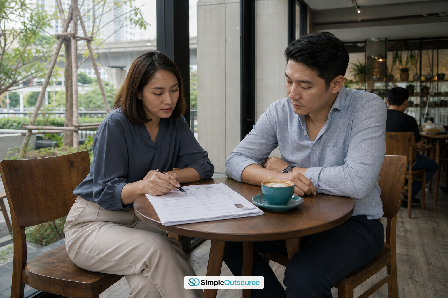 Simple Outsource advisor and foreign company hiring manager reviewing a checklist of nationality and BOI status before a work permit offer